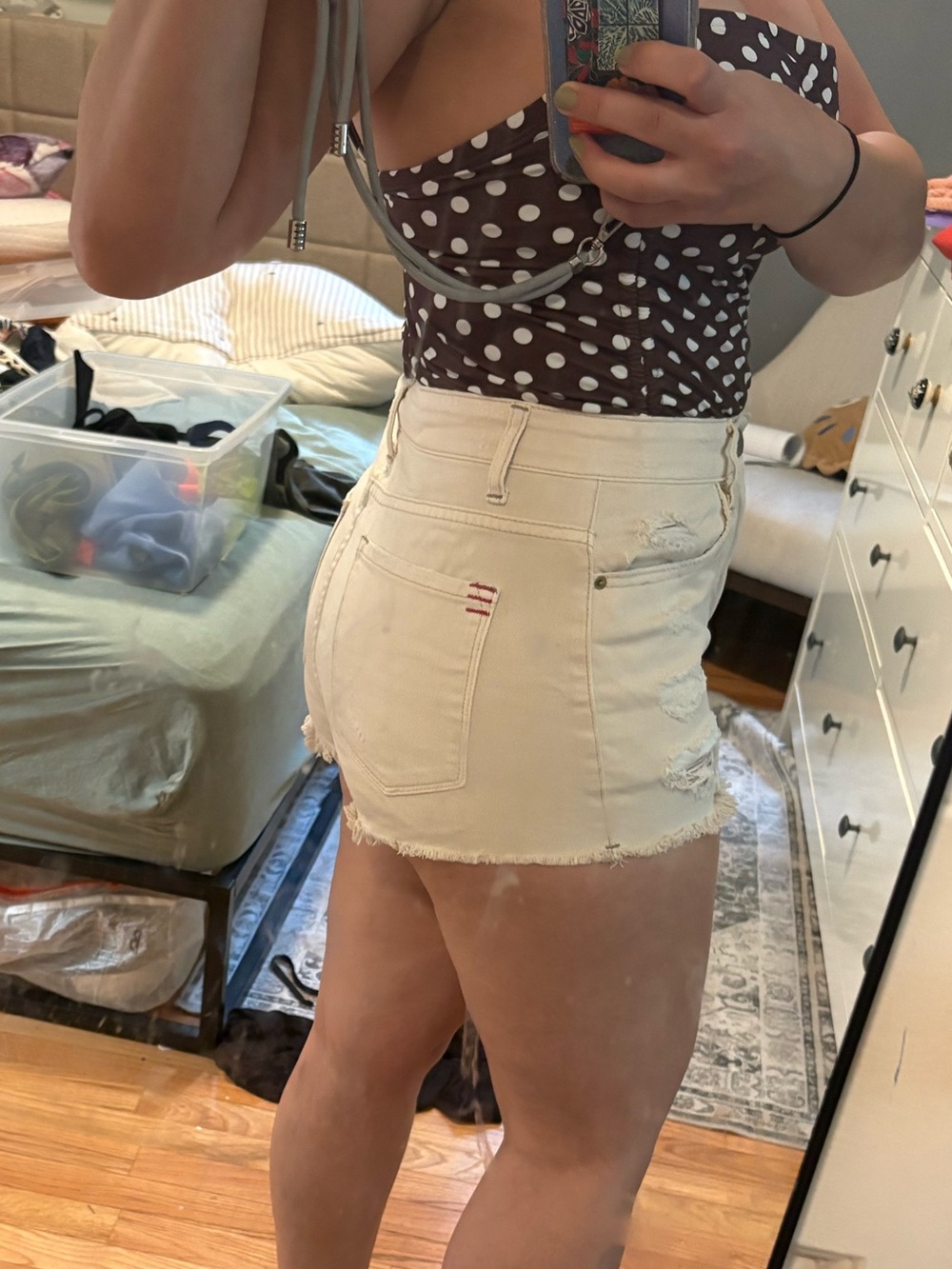 BDG 29 Super High-Rise Distressed Cream Denim Shorts Cheeky UO urban outfitters
